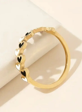 不锈钢饰品 滴油黑白爱心戒指女时尚韩版细戒手饰