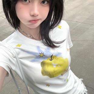 白上衣 美式 辣妹别致印花正肩短袖 t恤女青苹果修身 显瘦设计感夏季