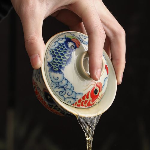 陶瓷龙鱼元宝三才盖碗茶杯家用高档泡茶碗带盖大S号不烫手功夫茶