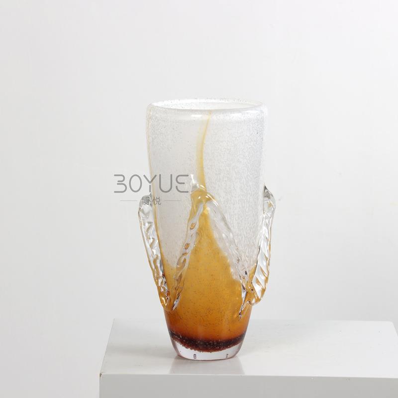 简约轻奢琥珀色裙边手工琉璃花瓶样板间客厅餐厅鲜花软装饰品摆件
