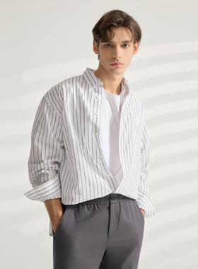 Bland Yeah男白色竖条纹棉质衬衫松弛感日系轻奢长袖衬衣轻薄上衣