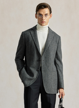 Bland Yeah灰色羊毛混纺人字纹毛呢平驳领西装商务休闲西服外套男