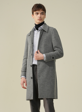 Bland Yeah灰色绵羊毛混棉人字纹大衣外套中长经典时尚男士英伦风