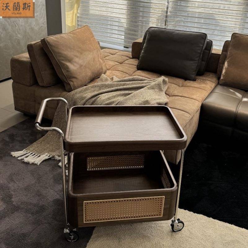 黑胡桃中古风实木边几黑胡桃木收纳小推车边几客厅沙发藤编可移动