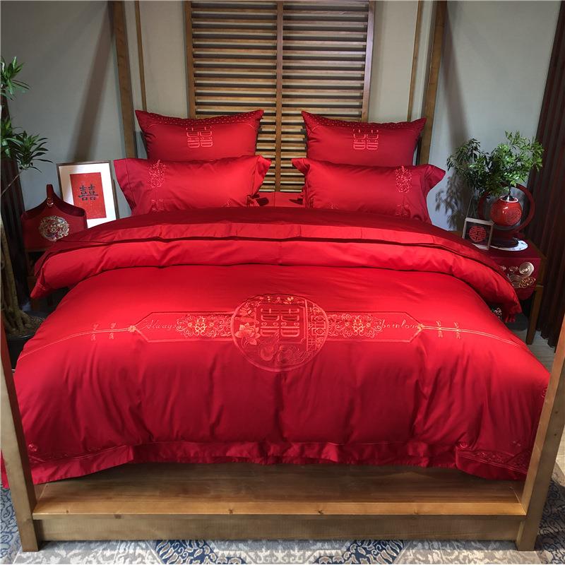 结婚季丨大红色婚庆全棉100支贡缎四六件套结婚婚房寝具床上用品