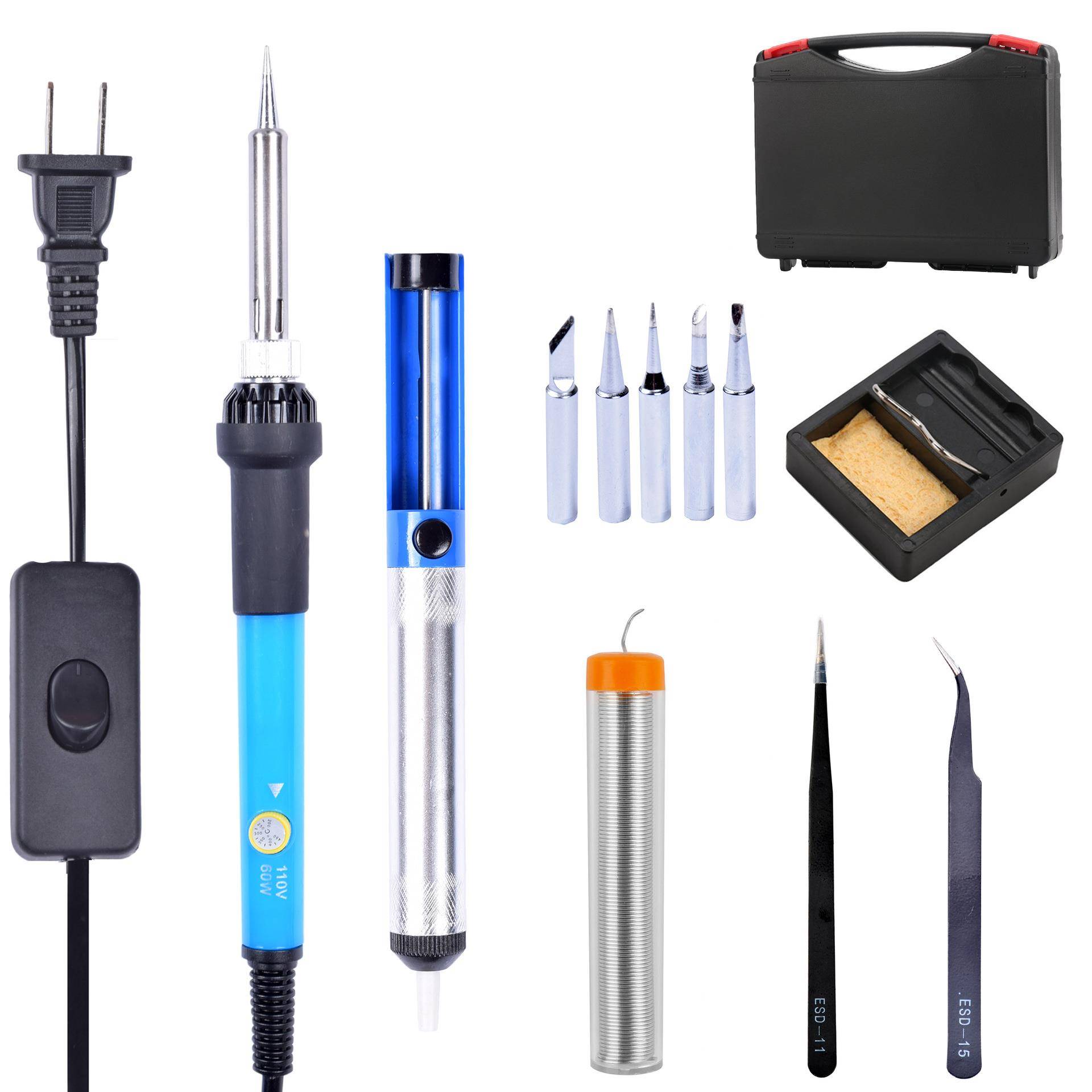 欧规2207in1带开关可调温烙铁套装镊子吸锡器锡丝工具箱