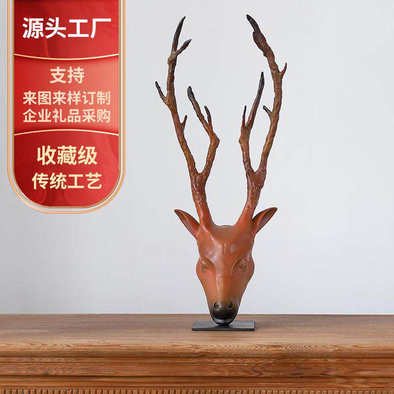 铜鹿头摆件中式鹿首轻奢装饰品客厅办公桌玄关高档艺术品