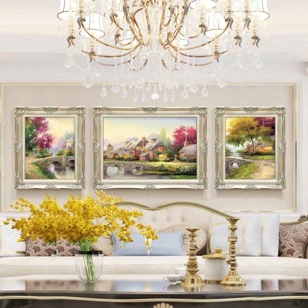 欧式客厅油画沙发背景装饰画三联林间小屋风景画简欧壁画挂画
