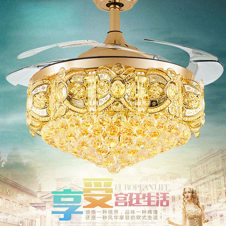 水晶隐形风扇灯欧式隐形风扇吊灯餐厅莲花静音led折叠豪华风扇灯