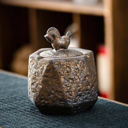 粗陶鎏金陶瓷烟灰缸家居摆件防灰带盖家用客厅办公室复古大号烟缸