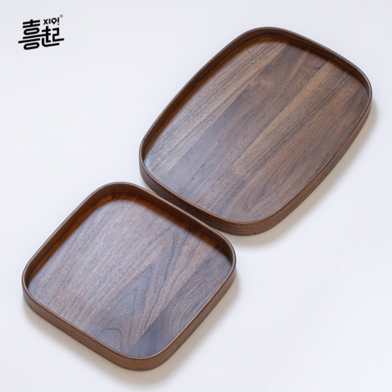 黑胡桃实木弯曲托盘 木制家用酒E店咖啡茶具水杯下午茶托盘创意