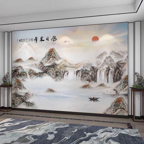新中式旭日东升壁布电视背景墙壁画大气水墨O山水墙布客厅沙发墙