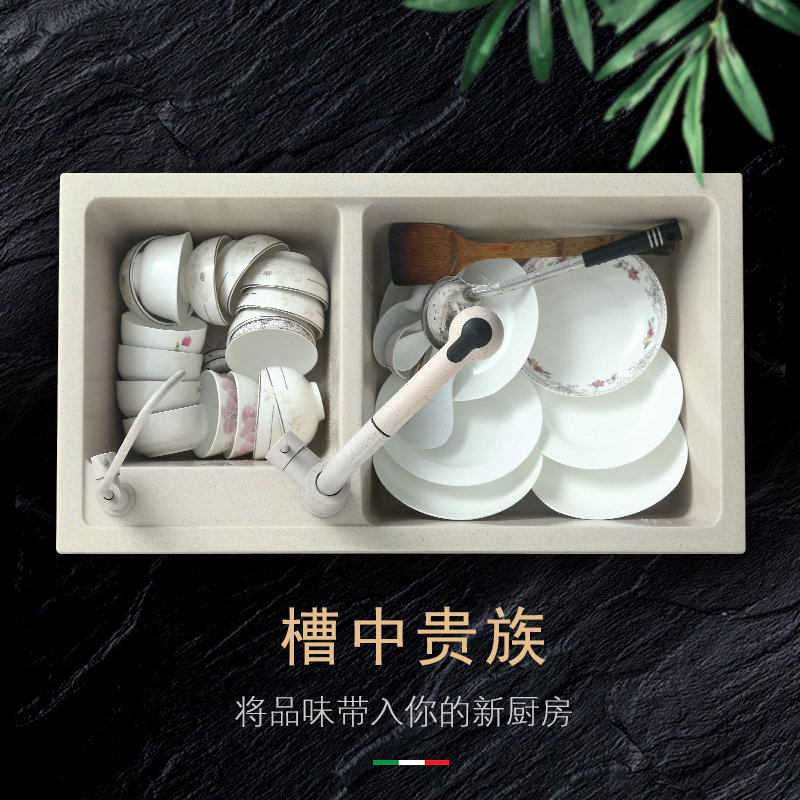 德国石英石水槽双槽厨房t洗菜盆套餐洗碗池水池花岗岩燕麦色台上