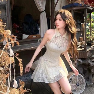 改良旗袍裙新款 奥莱商场品牌撤柜脖领修身 蕾丝拼接连衣裙收腰春夏