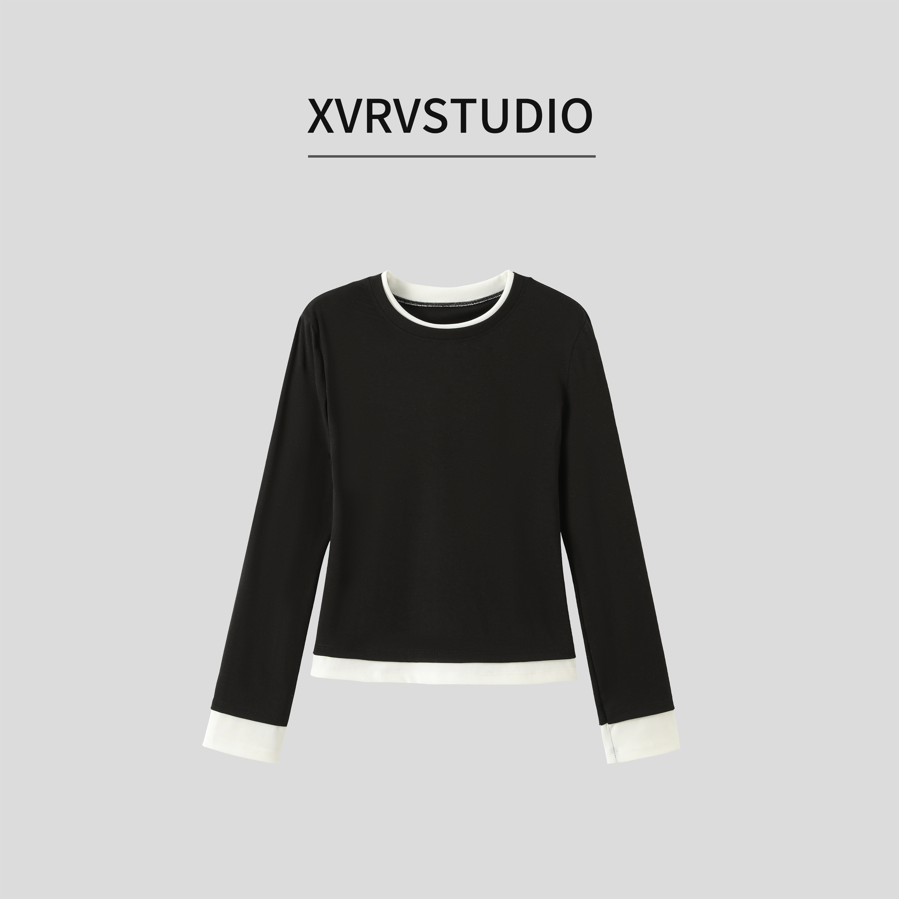 XVRV拼接假两件t恤女打底衫2025新款今年流行爆款显瘦长袖上衣