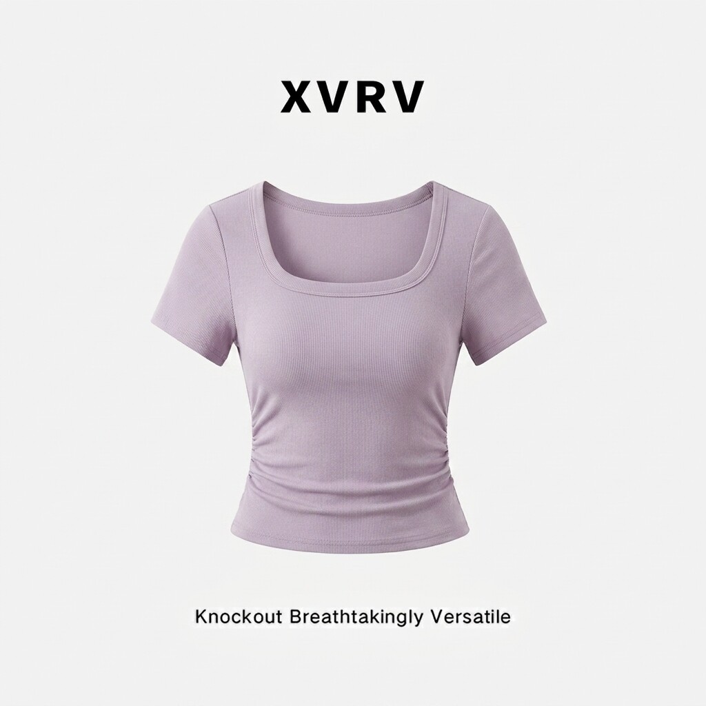 XVRV法式正肩t恤女夏季方领短袖2026年新款辣妹修身显瘦短款上衣图片