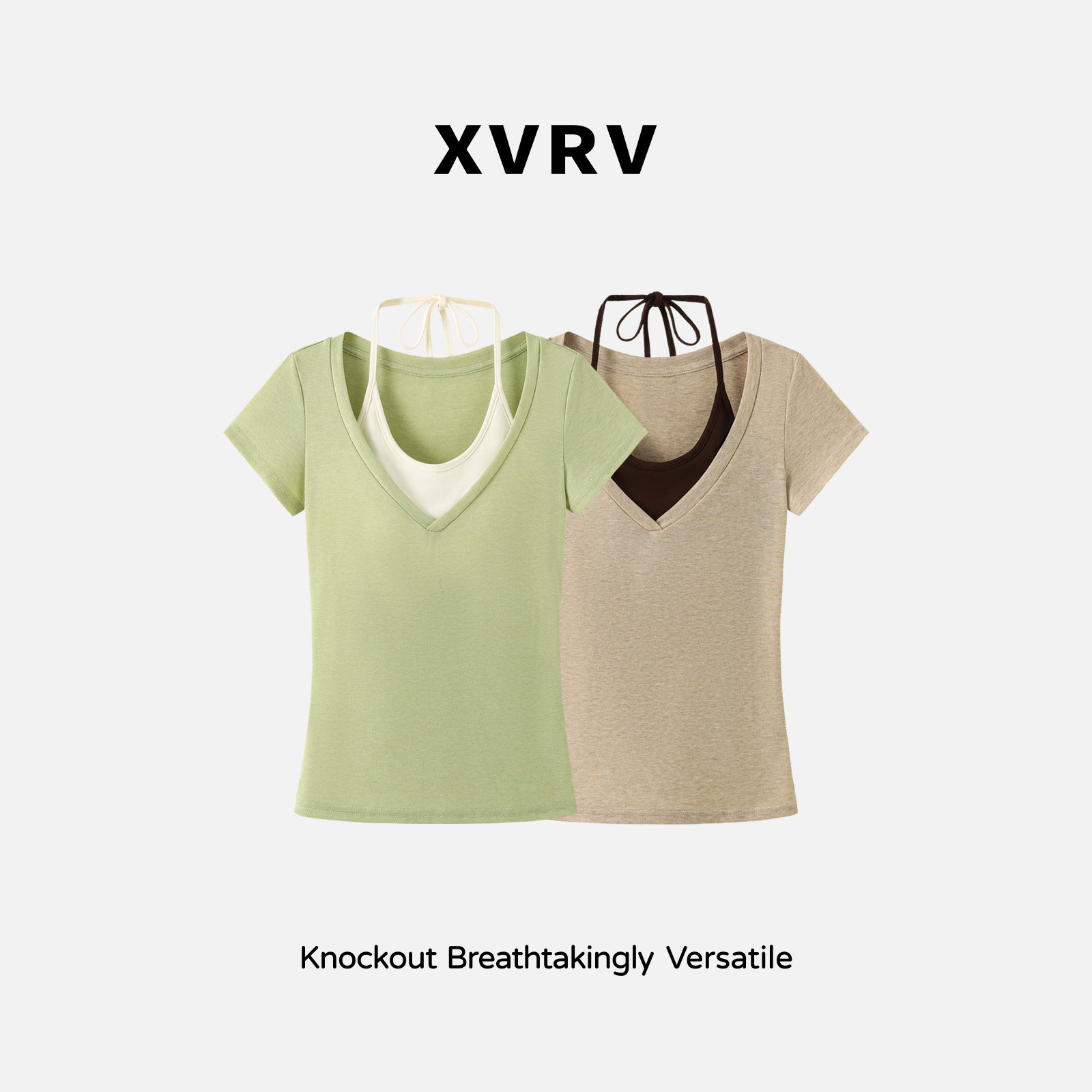 XVRV2026夏季新款辣妹V领正肩短袖T恤女挂脖薄款吊带修身小上衣图片