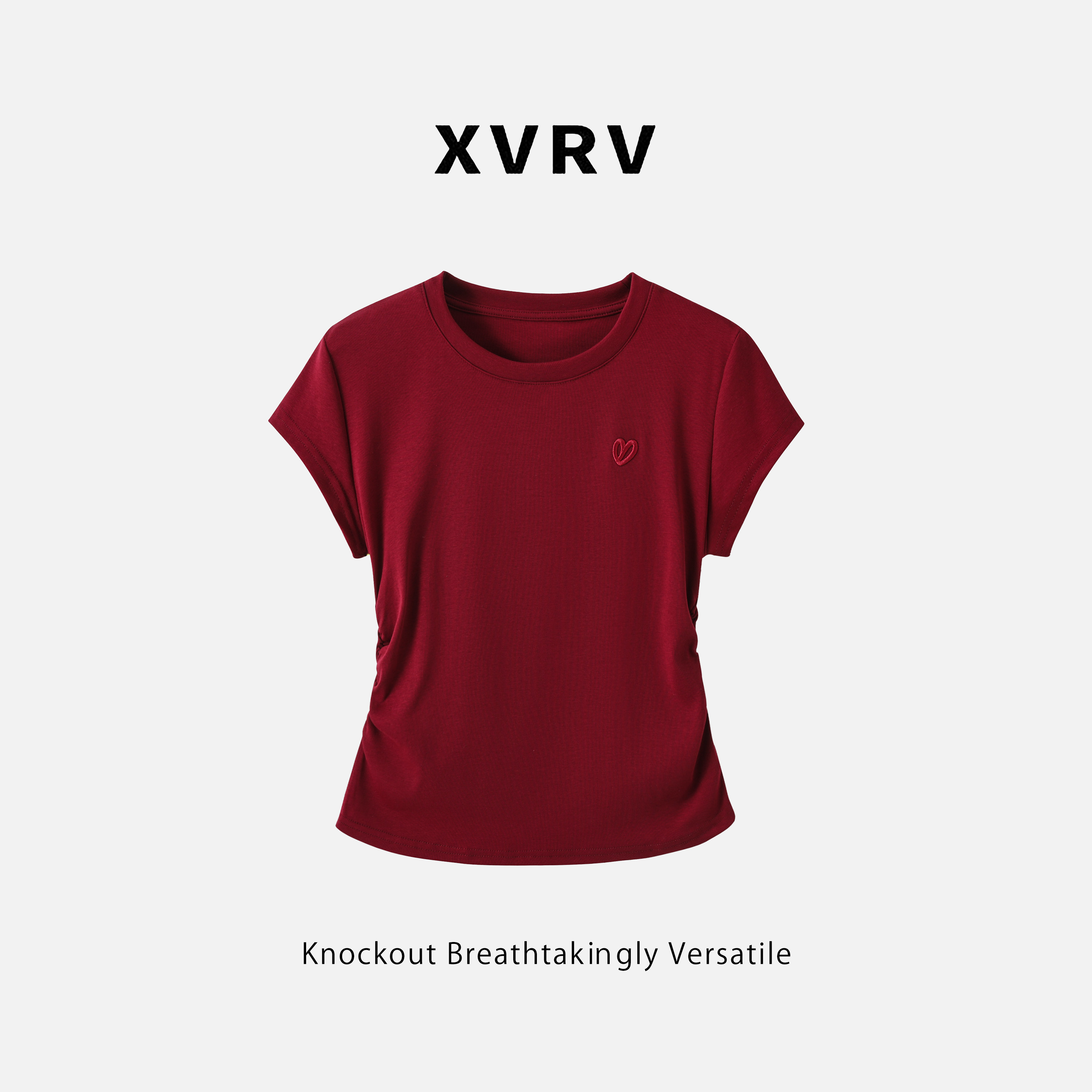 XVRV2026夏季爱心刺绣正肩短袖t恤女设计感褶皱收腰显瘦修身上衣图片