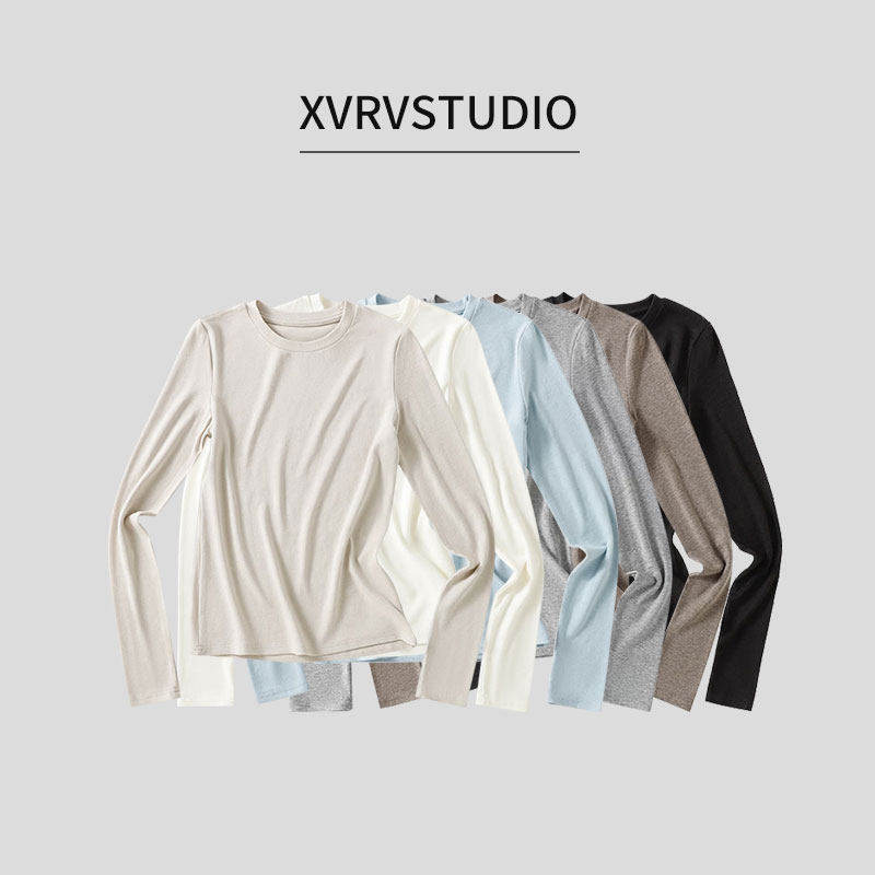 XVRV圆领正肩长袖t恤女秋季韩系内搭打底衫修身显瘦别致上衣