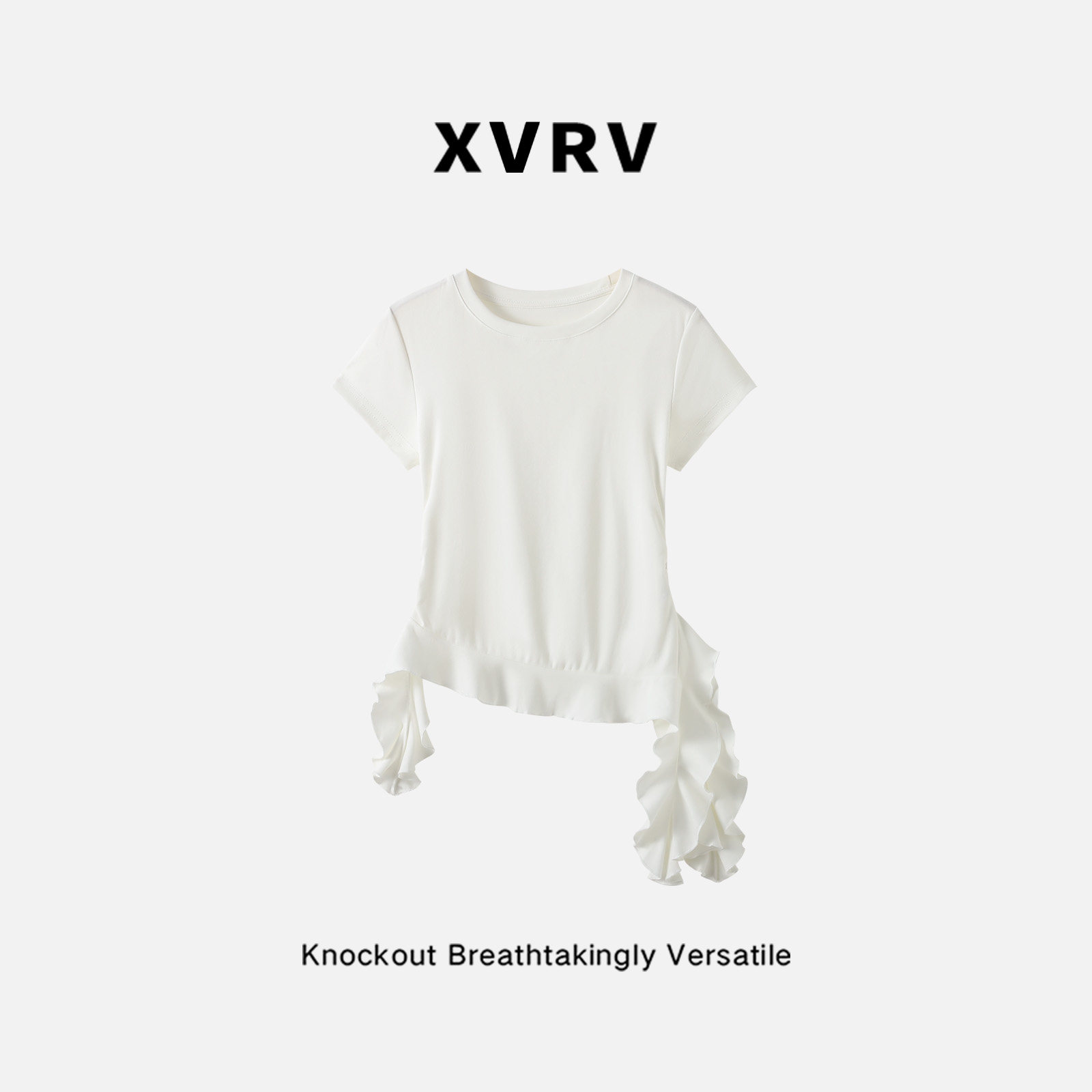 XVRV圆领正肩短袖T恤女下摆荷叶边收腰显瘦2026夏辣妹修身上衣图片