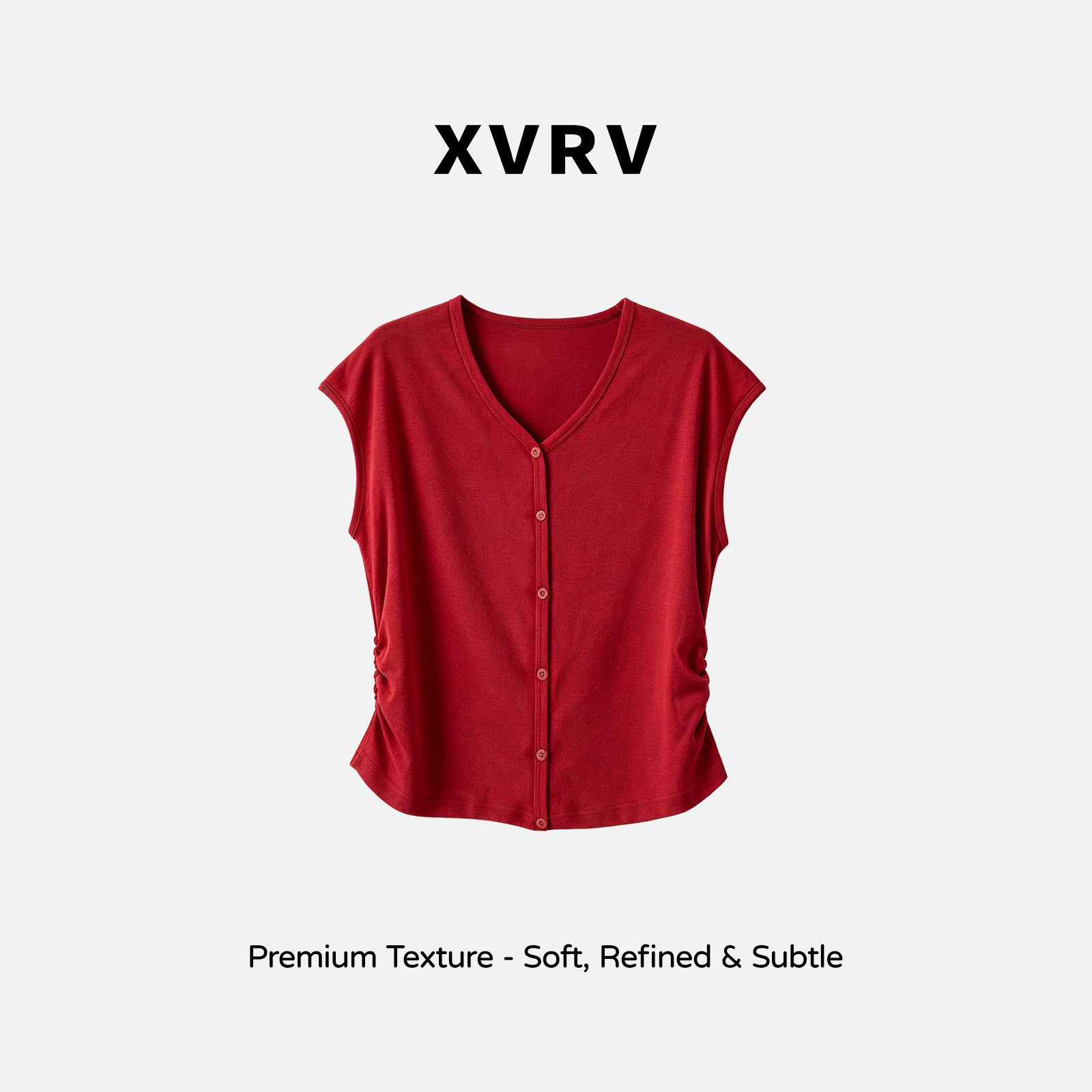 XVRV2026夏季新款V领纽扣短袖装饰收褶短款上衣运动休闲显瘦T恤女图片