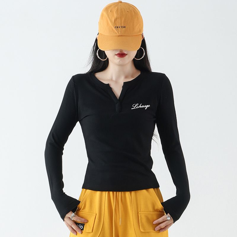 XVRV新款洋气广场舞V领上衣长袖女健身跳操运动T恤弹力透气百搭