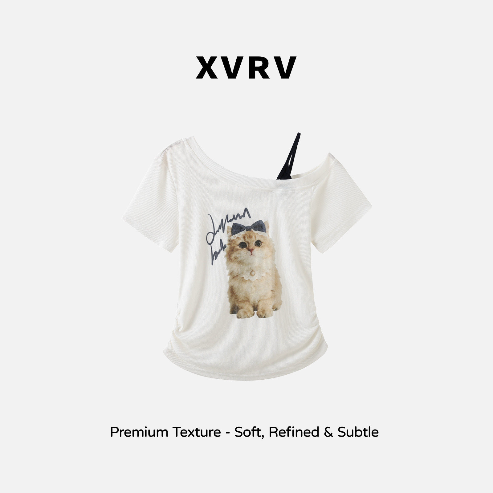 XVRV甜辣妹斜肩短袖猫咪印花运动T恤女2026设计感褶皱收腰上衣图片
