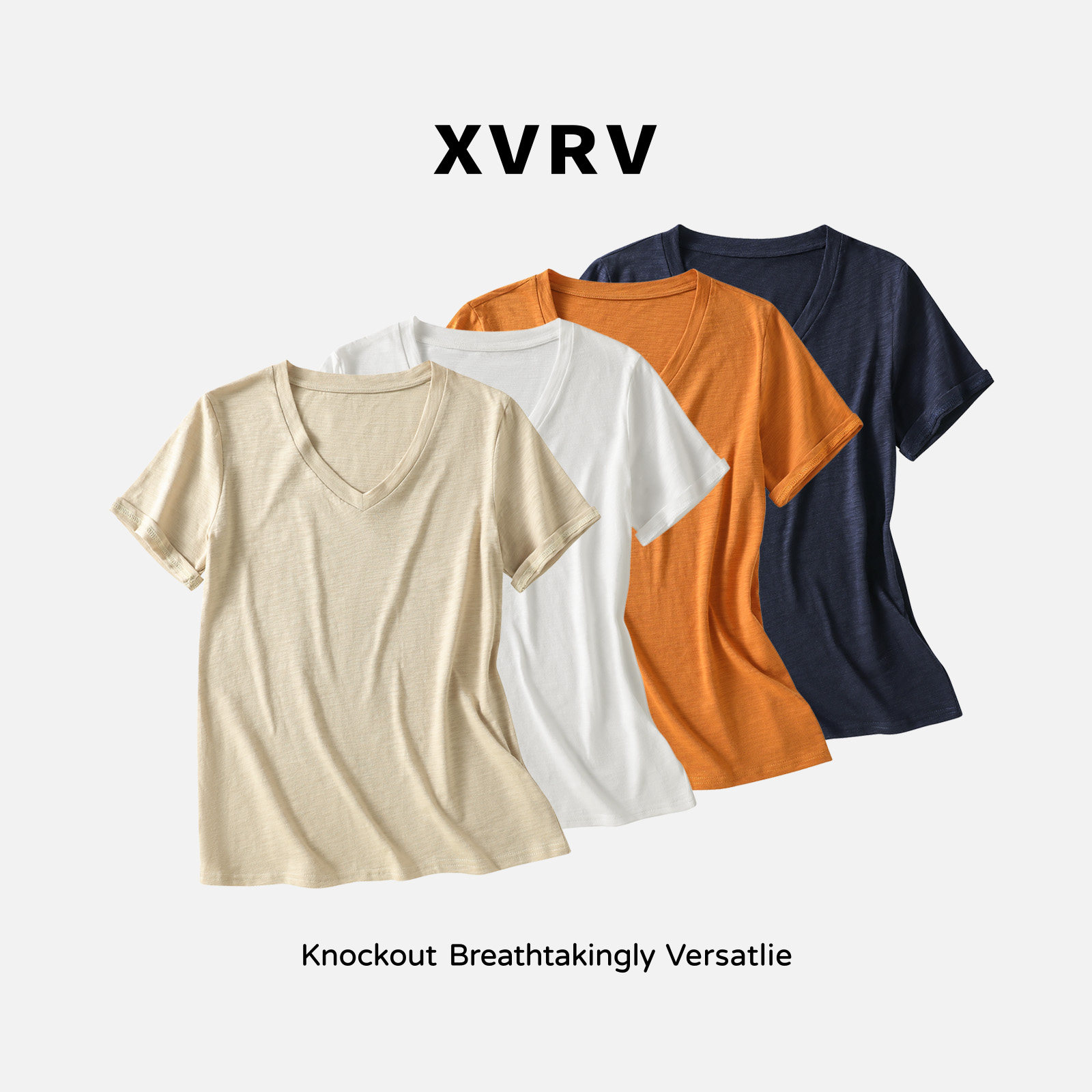 XVRV竹节棉V领短袖T恤女2026夏季宽松休闲时尚百搭减龄白色上衣图片