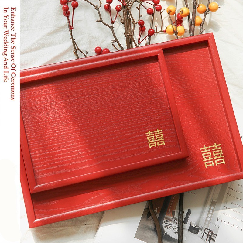 木质托盘结婚婚庆敬茶杯糖果水果圆形长方形红色敬酒盘子