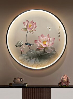 新中式圆形手绘油画茶室办公室挂画客厅入户O壁画荷花鸟玄关装饰