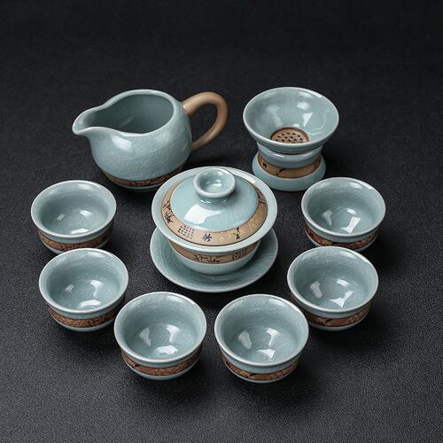 哥窑竹韵三才盖碗茶杯家用不烫手沏茶杯陶瓷敬茶碗开X片汝瓷泡茶