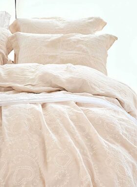 伽罗生活藤蔓绣花进口法国亚麻四件套白色床单床笠五件套床上用品