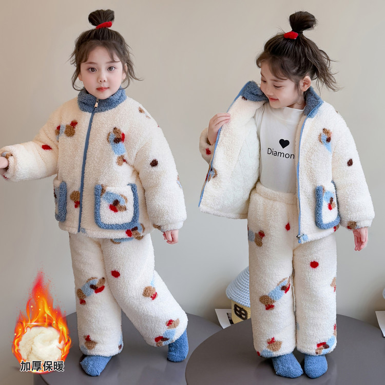 女童珊瑚绒家居服套装2025新款冬季加厚保暖卡通睡衣两件套