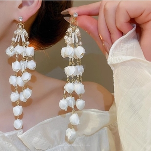 法式复古花苞流苏珍珠耳夹海边度假风夸张耳环气质优雅绝美耳饰女