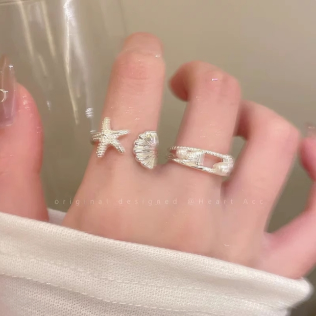 海星贝壳珍珠双层戒指女海边度假风气质食指戒开口可调节个性指环