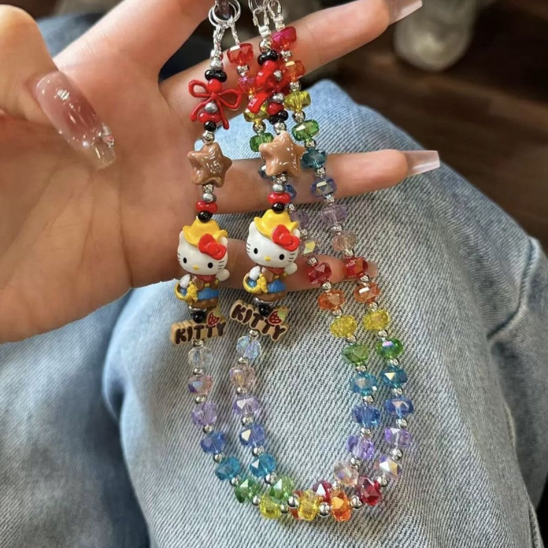高级彩色水晶手机挂绳可爱kitty猫手机链挂手腕新款手工串珠挂链