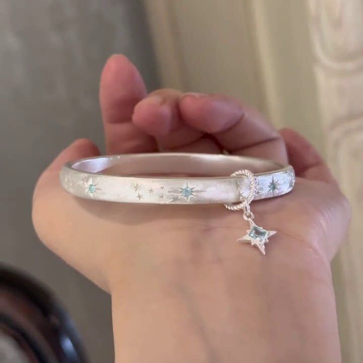 复古银色拉丝繁星海蓝宝小排钻镶钻手镯中古风vintage满天星手环