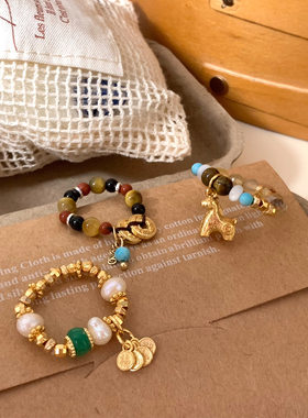 新中式复古中式珍珠弹力戒指中国风简约高级感指环纳福喜庆戒子