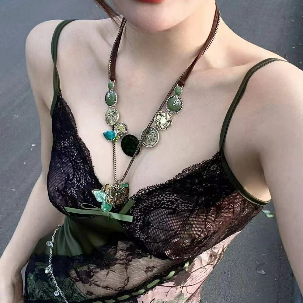中古vintage风双生绿色蝴蝶项链女波西米亚古着锁骨链新中式配饰图片
