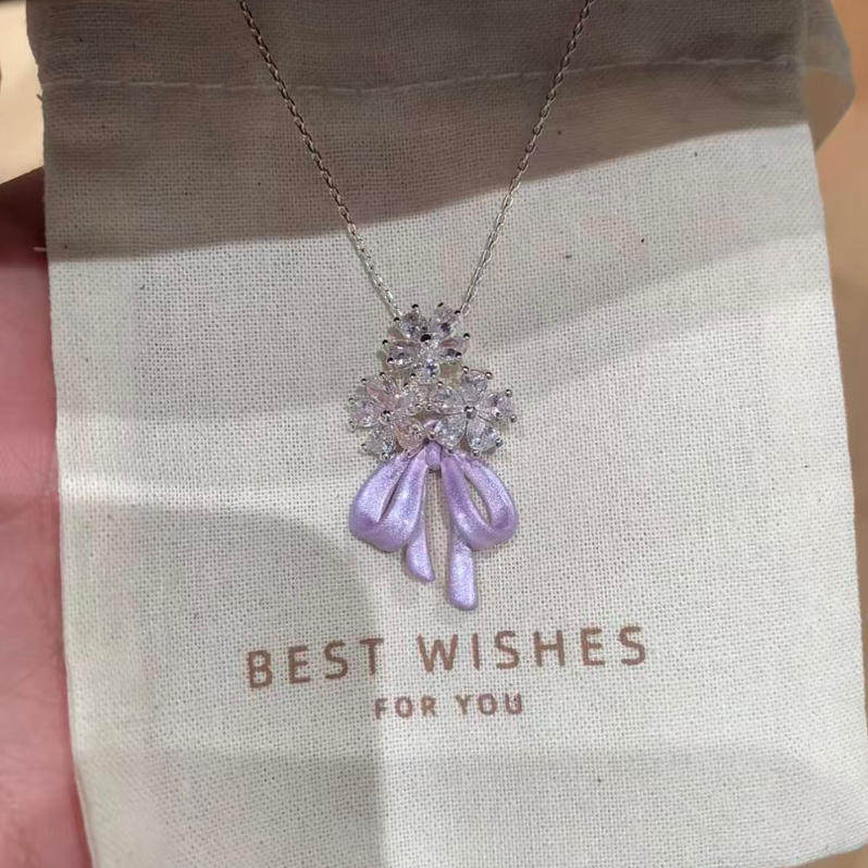 法式香芋紫蝴蝶结锆石项链套装