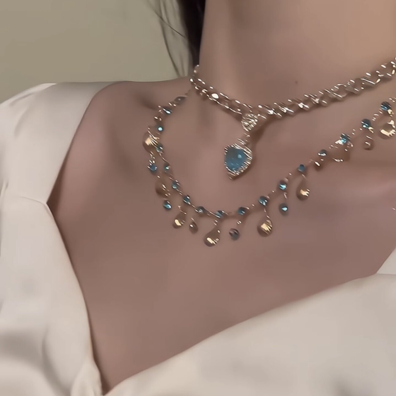 蓝色之恋~爱心蓝钻贝壳项链女生异域风情叠戴锁骨链颈链百搭流苏