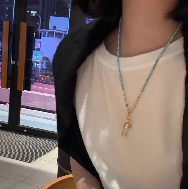 新中式国风绿松石长款项链转运吊坠毛衣链可拆卸挂绳锁骨链女摇铃