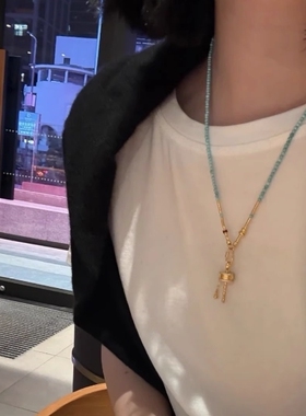 新中式国风绿松石长款项链转运吊坠毛衣链可拆卸挂绳锁骨链女摇铃