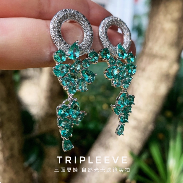 莫奈花园 森系浅绿色镶钻流苏耳环高级小众耳钉贵气气质千金耳饰