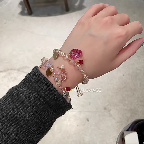 韩国东大门dore甜心冰闪粉透四叶花爱心串珠手链2025新款精致百搭