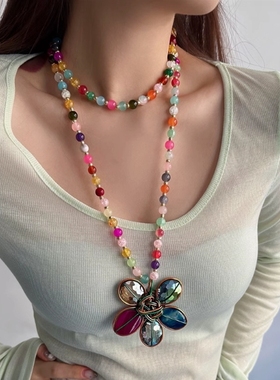 Vintage古着花朵彩色玻璃珠项链夏日复古长款毛衣链双层叠戴颈链