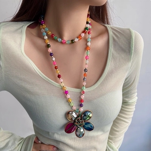 Vintage古着花朵彩色玻璃珠项链夏日复古长款毛衣链双层叠戴颈链