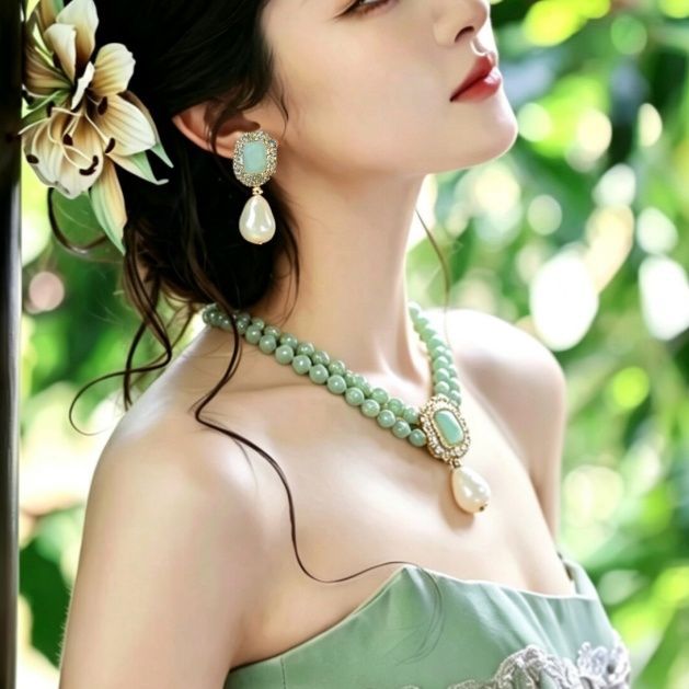 宫廷风绿色串珠水滴项链女高级感气质轻奢耳环典雅礼服套装配饰品