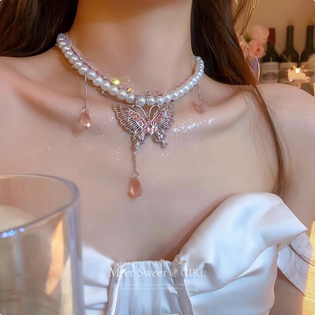 粉色蝴蝶珍珠项链轻奢小众夸张高级感颈链锁骨链新娘礼服配饰女款