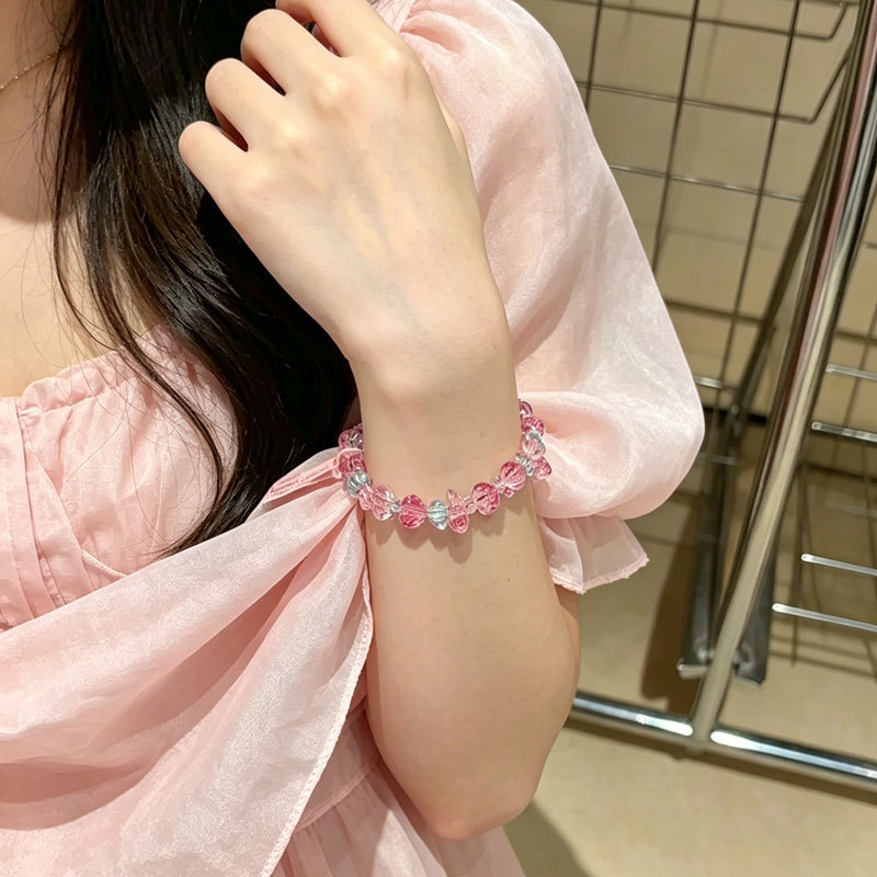 「乌梅子酱」甜美水珠花朵手链女清透氛围感玫红手工串珠手饰潮流